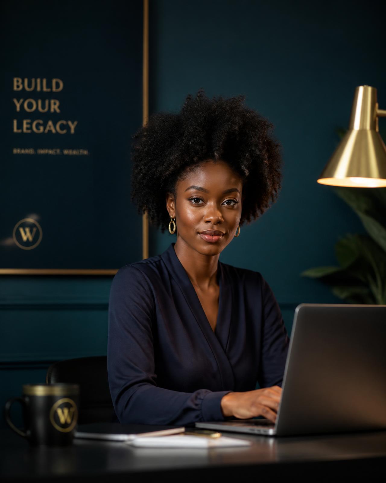 Entrepreneure africaine concentrée sur son ordinateur portable